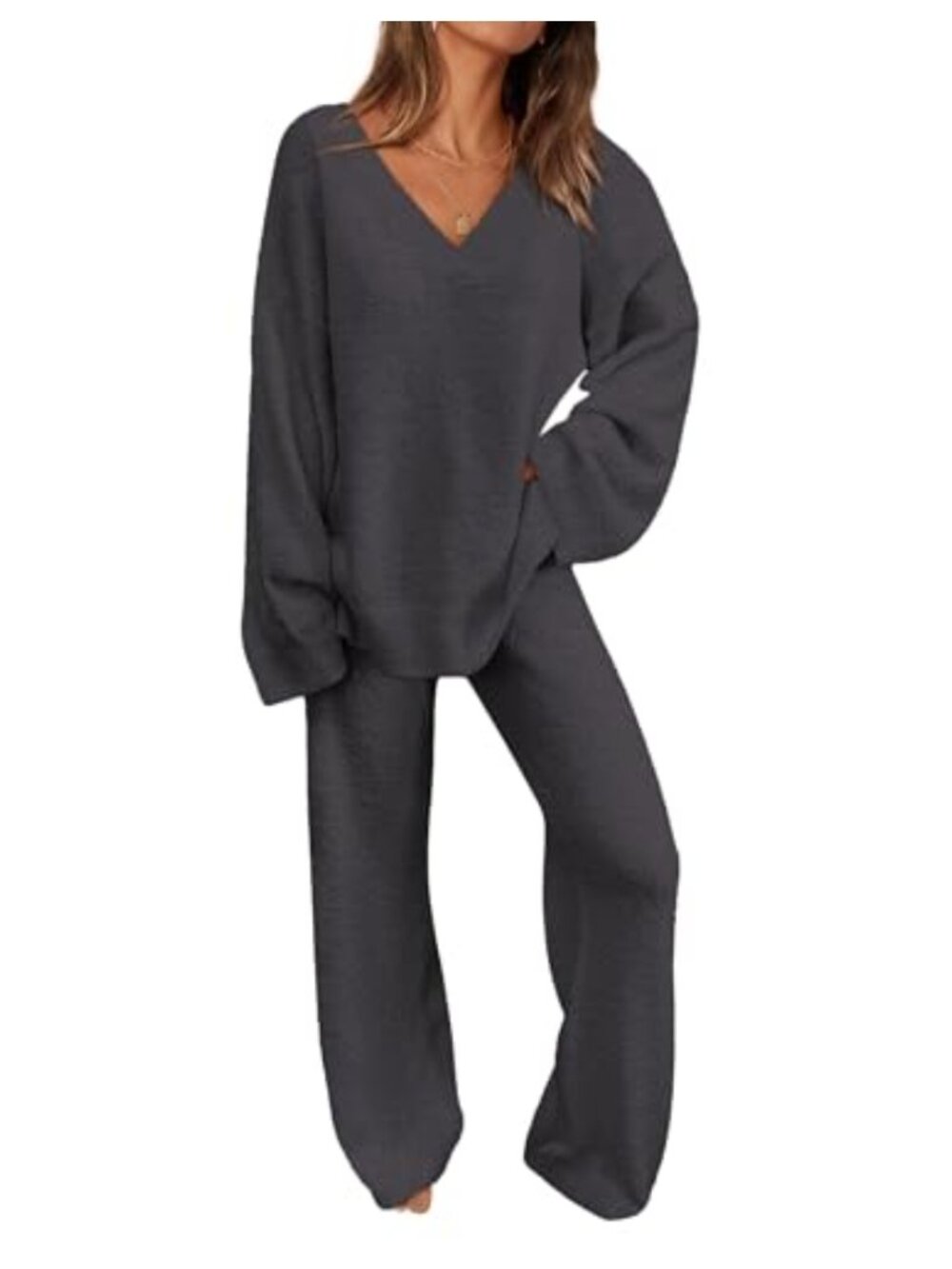 2 Piece Fuzzy Sweater Lounge Set V-Neck Pullover Wide Leg Pants Tracksuit